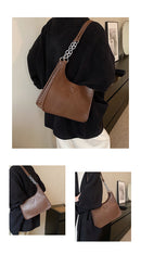 Coffee Chic PU Leather Shoulder Bag with Chain Strap & Whipstitch Detail