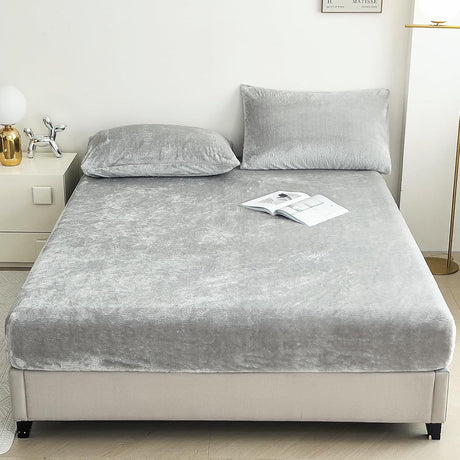 Light Gray Plush Crystal Velvet Fitted Sheet - Ultra Soft, Warm & Thick for Winter (153x203+36cm)