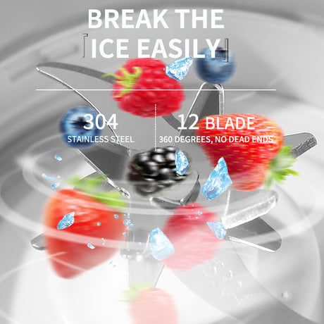 White Rechargeable Travel Blender Cup - 12 Blades, Digital Display, Self-Cleaning