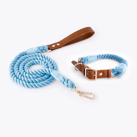 Premium Leather Pet Collar and Leash - Soft, Strong Braided Rope (Sky blue - Size L)