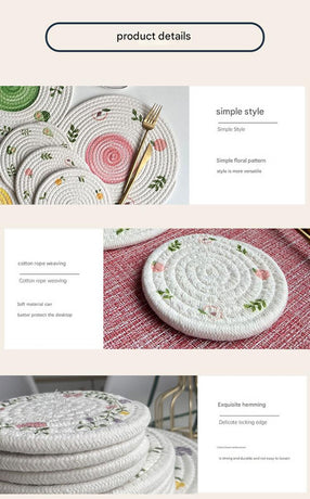 (Peach) Cotton Rope Woven Placemats - Set of 3, 30cm Diameter Heat Resistant Kitchen Decor