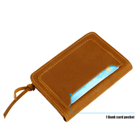 Coffee Vintage Handmade Crazy Horse Leather Wallet - Compact Card Holder & Zippered Coin Purse with Snap Closure
