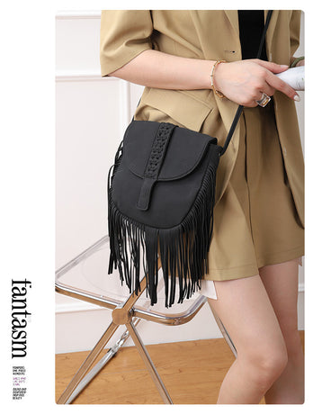 Brown Chic Bohemian Fringe Crossbody Bag - Suede-Look PU Leather with Braided Detail & Adjustable Strap