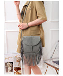 Grey Chic Bohemian Fringe Crossbody Bag - Suede-Look PU Leather with Braided Detail & Adjustable Strap