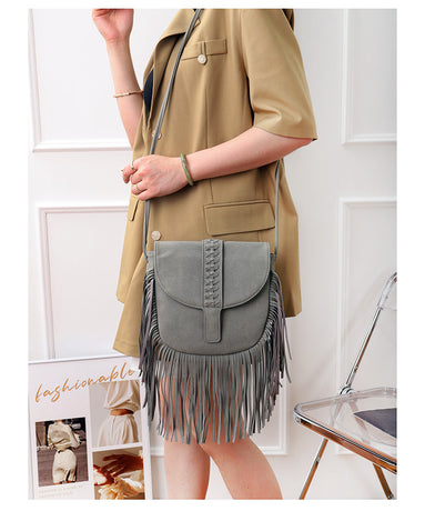 Grey Chic Bohemian Fringe Crossbody Bag - Suede-Look PU Leather with Braided Detail & Adjustable Strap