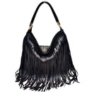 Chic Black Double Fringe Hobo Bag - Convertible Microfiber Leather Shoulder & Crossbody Purse