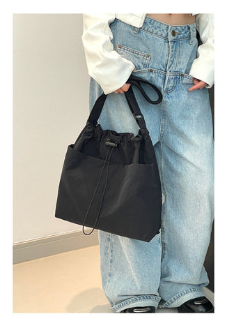 Pink Chic Lightweight Nylon Drawstring Tote Bag - Multi-Pocket Casual Shoulder & Crossbody