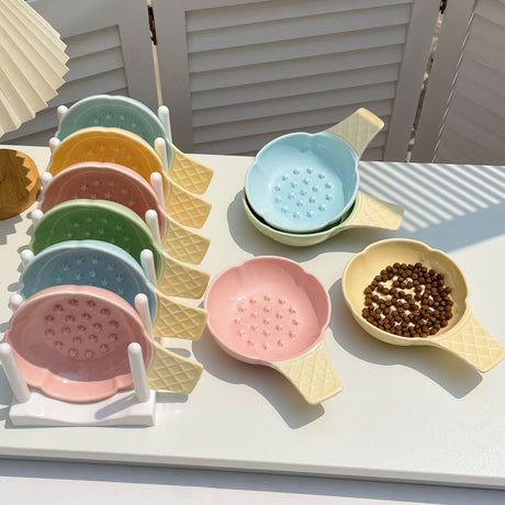 Pink and Yellow Adorable Ice Cream Cone Ceramic Slow Feeder Pet Bowl - Fun Anti-Gulp Design for Cats & Dogs