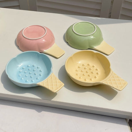 Blue and Yellow Adorable Ice Cream Cone Ceramic Slow Feeder Pet Bowl - Fun Anti-Gulp Design for Cats & Dogs