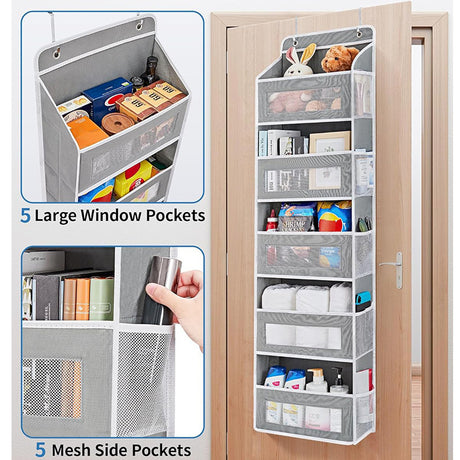 Grey Heavy Duty 5-Tier Over-The-Door Hanging Organizer - Space-Saving Storage with Clear Windows & Mesh Pockets