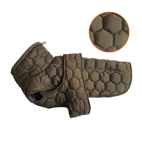 Size L Olive Green Warm Quilted Dog Winter Coat - Adjustable Fleece-Lined Puffer Vest with Reflective Trim & Leash Port