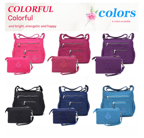Black Versatile Womens Nylon Water-Repellent Crossbody Shoulder Bag Set with Matching Clutch Pouch - Lightweight & Multi-Pocket