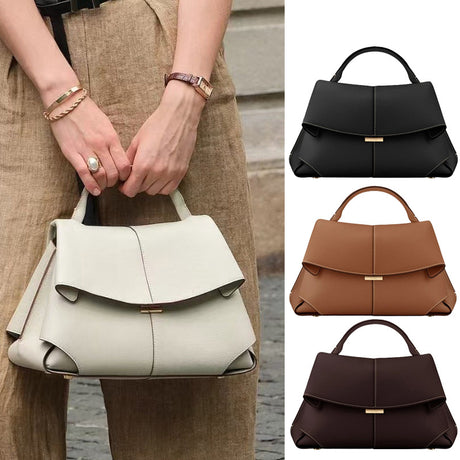 Black Elegant Womens Genuine Cowhide Leather Top Handle Satchel - Chic Flap Crossbody Shoulder Bag