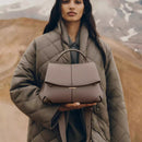 Khaki Elegant Womens Genuine Cowhide Leather Top Handle Satchel - Chic Flap Crossbody Shoulder Bag