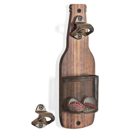Brown Rustic Wooden Wall-Mounted Bottle Opener with Cap Catcher - Vintage Beer Opener for Bar & Kitchen