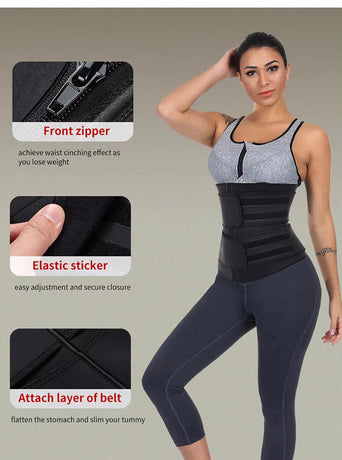 Size S Black Womens Sweat-Enhancing Waist Trainer Belt - Dual Strap Zipper Tummy Control Cincher for Workout & Postpartum Shaping