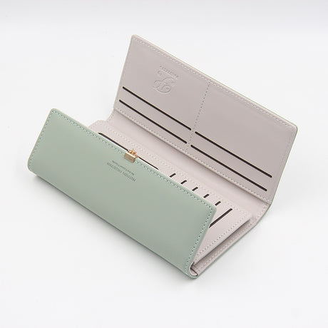 Green Elegant Ladies Long PU Leather Wallet - Slim Clutch with Leaf Charm, Multi-Card Holder & Organizer