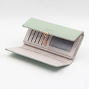 Green Elegant Ladies Long PU Leather Wallet - Slim Clutch with Leaf Charm, Multi-Card Holder & Organizer