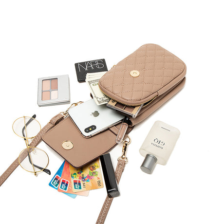 Black Chic Quilted Crossbody Phone Bag - PU Leather Mini Purse with Floral Stitching & Adjustable Strap