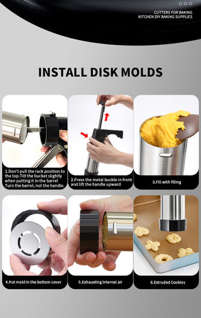 Silver and Black Stainless Steel Cookie Press Gun Kit - Biscuit Maker & Icing Decorating Set with 13 Discs & 8 Nozzles