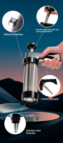 Silver and Black Stainless Steel Cookie Press Gun Kit - Biscuit Maker & Icing Decorating Set with 13 Discs & 8 Nozzles