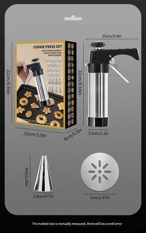 Silver and Black Stainless Steel Cookie Press Gun Kit - Biscuit Maker & Icing Decorating Set with 13 Discs & 8 Nozzles