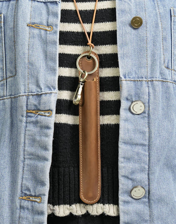 Brown Vintage Top-Grain Leather Pen Sleeve Holder with Neck Strap - Protective Single Pen Case