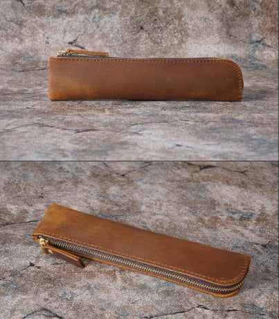 Black Vintage Crazy Horse Leather Zippered Pen Case - Retro Pencil Pouch & Small Accessories Bag