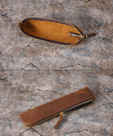 Blue Vintage Crazy Horse Leather Zippered Pen Case - Retro Pencil Pouch & Small Accessories Bag