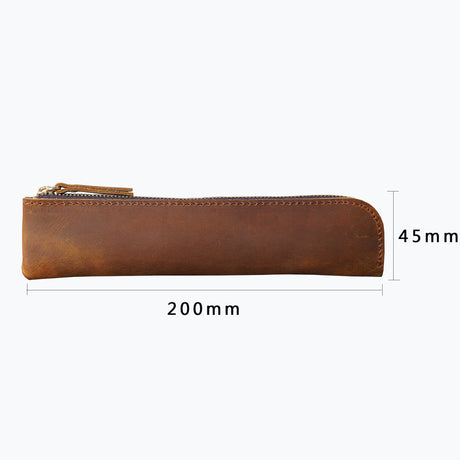 Red Vintage Crazy Horse Leather Zippered Pen Case - Retro Pencil Pouch & Small Accessories Bag