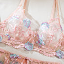 Size S Pink Elegant Floral Embroidered Sheer 5-Piece Lingerie Set - Bra, Thong, Garter Belt, Choker & Thigh Straps