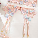Size M Pink Elegant Floral Embroidered Sheer 5-Piece Lingerie Set - Bra, Thong, Garter Belt, Choker & Thigh Straps