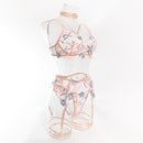 Size M Pink Elegant Floral Embroidered Sheer 5-Piece Lingerie Set - Bra, Thong, Garter Belt, Choker & Thigh Straps