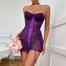 Size M Seductive Purple Lace & Satin Corset Lingerie Dress - Strapless Bustier with Halter Neck & Garters