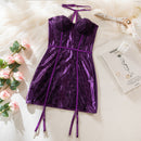 Size M Seductive Purple Lace & Satin Corset Lingerie Dress - Strapless Bustier with Halter Neck & Garters