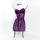 Size M Seductive Purple Lace & Satin Corset Lingerie Dress - Strapless Bustier with Halter Neck & Garters