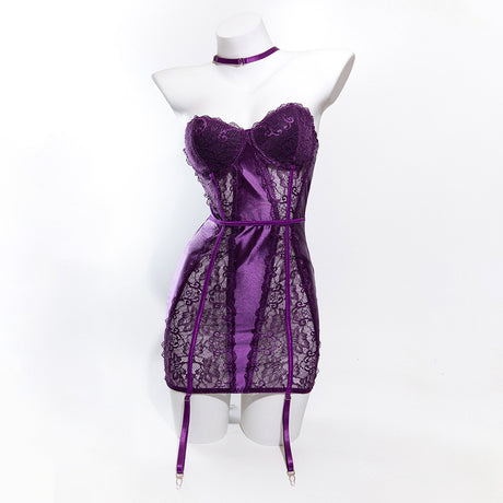 Size L Seductive Purple Lace & Satin Corset Lingerie Dress - Strapless Bustier with Halter Neck & Garters