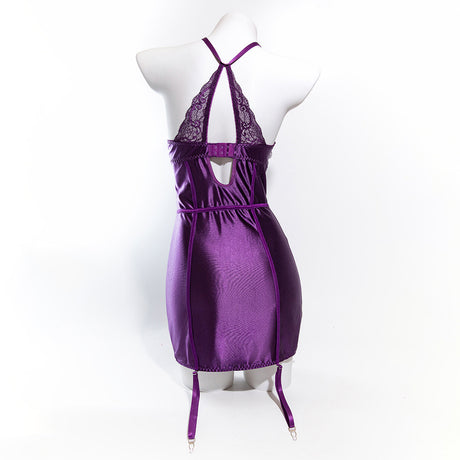 Size L Seductive Purple Lace & Satin Corset Lingerie Dress - Strapless Bustier with Halter Neck & Garters