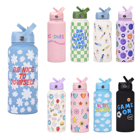 Style 27A Purple Smiley Face Pattern Vibrant Fun Print 1L Stainless Steel Insulated Water Bottle - 32oz Large Capacity with Straw Lid & Carry Handle - BPA-Free