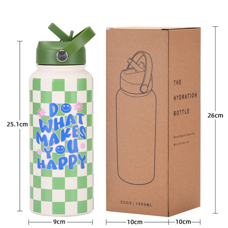 Style 27A Purple Smiley Face Pattern Vibrant Fun Print 1L Stainless Steel Insulated Water Bottle - 32oz Large Capacity with Straw Lid & Carry Handle - BPA-Free