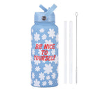 Style 19A Blue and White Plaid Vibrant Fun Print 1L Stainless Steel Insulated Water Bottle - 32oz Large Capacity with Straw Lid & Carry Handle - BPA-Free