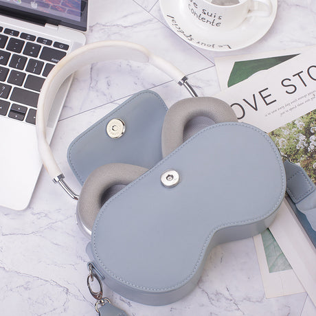 Black Chic PU Leather Crossbody Storage Bag for Apple AirPods Max - Protective Case with Ruched Fabric Strap & Top Handle