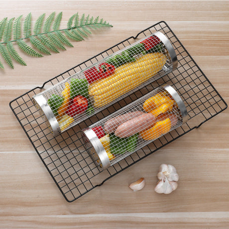 2 Pcs Size L Silver Rolling Stainless Steel BBQ Grill Basket - Cylindrical Grilling Cage for Veggies, Meats & More (304 Food-Grade)