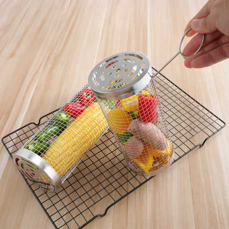 2 Pcs Size L Silver Rolling Stainless Steel BBQ Grill Basket - Cylindrical Grilling Cage for Veggies, Meats & More (304 Food-Grade)