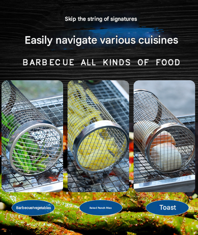 Silver 2-Piece Rolling Stainless Steel BBQ Grill Basket Set (Small & Large) - 304 Food-Grade Grilling Cages with Hooks