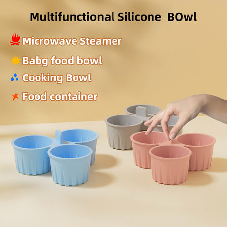 2 Pcs Pink 3-Compartment Silicone Bowl - BPA-Free, Microwave & Air Fryer Safe for Eggs, Baking & Food Storage