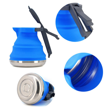 Blue 1.5L Collapsible Silicone Camping Kettle - Portable Foldable Travel Water Boiler, Stainless Steel Base