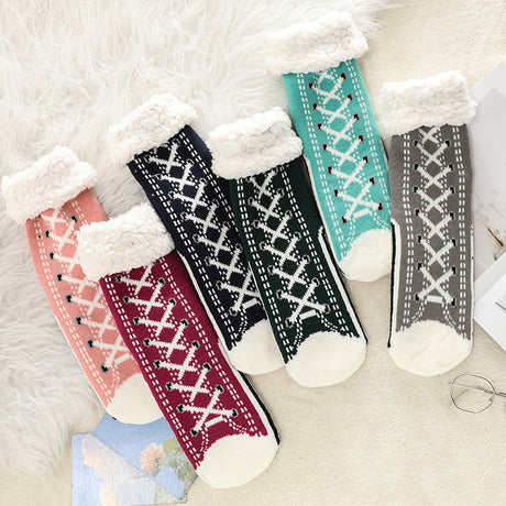 2 Pcs Red Women's Ultra Soft Sherpa Lined Slipper Socks - Cozy Warm Non-Slip Gripper Home Socks