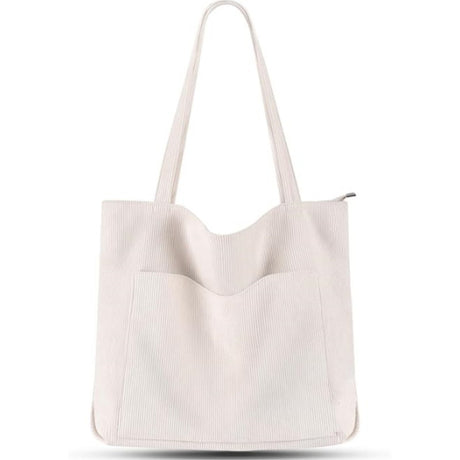 White Stylish Corduroy Canvas Tote Bag - Fashionable and Retro Shoulder Bag