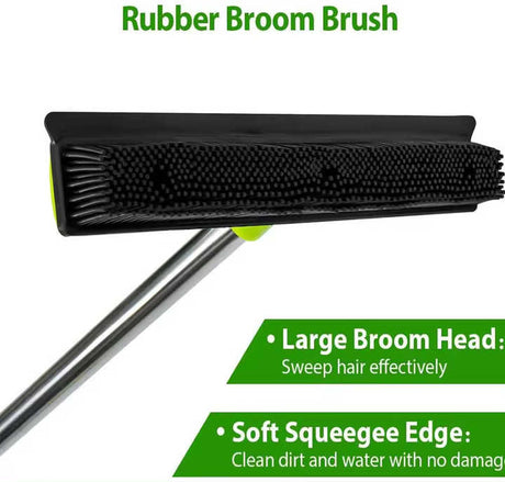 Light Grey and Silver Versatile Pet Hair Remover Rubber Broom & Squeegee - 125cm Adjustable Stainless Steel Handle for Carpets, Floors & Windows